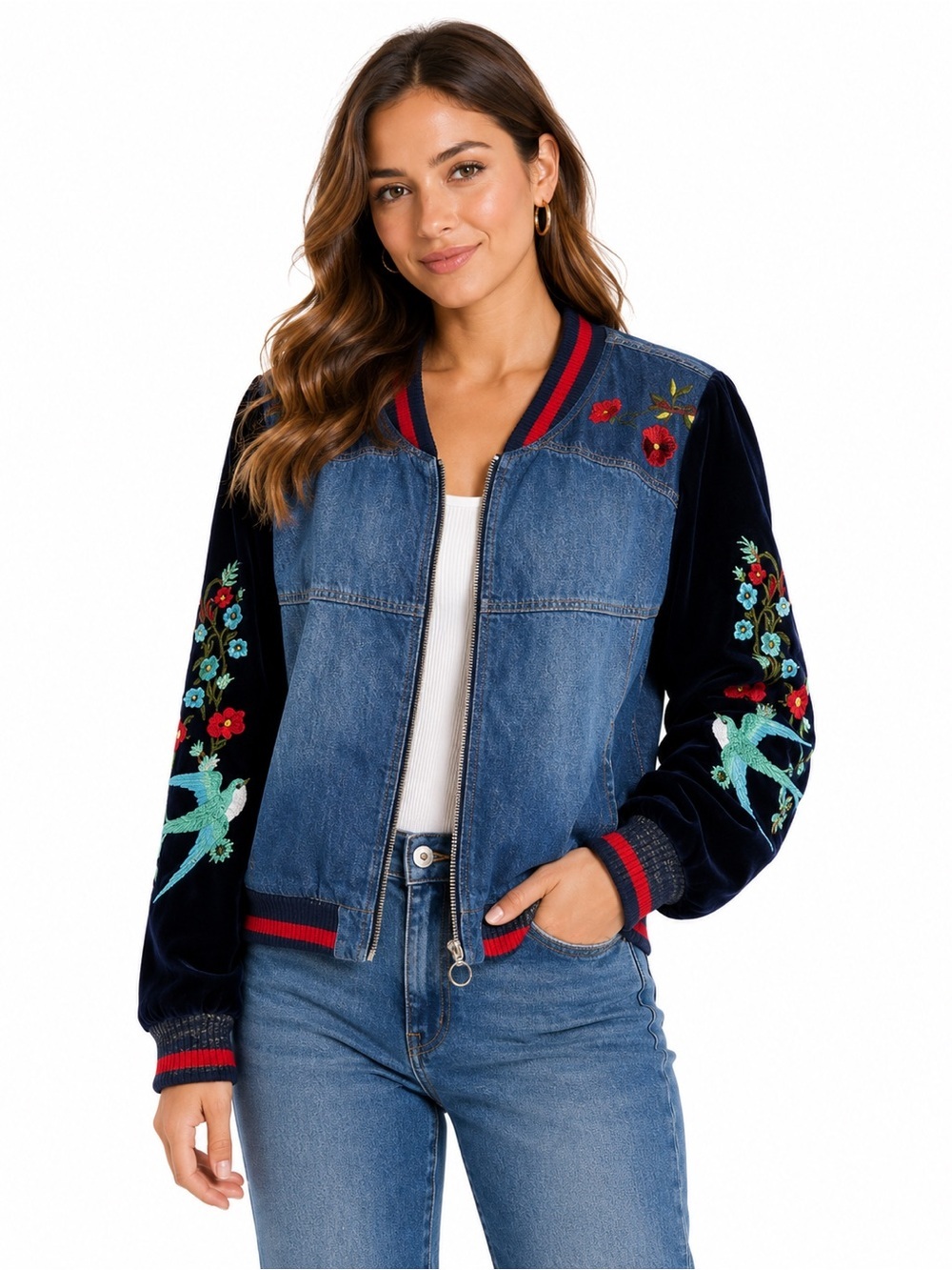 Desigual Embroidered Denim Velvet Bomber Jacket Tiger Birds EU 46 XL